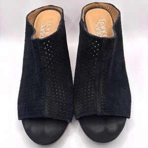 Franco Sarto Flora 2 Peep Toe Mule Sandals Block Heel Black Faux Suede Sz 7.5